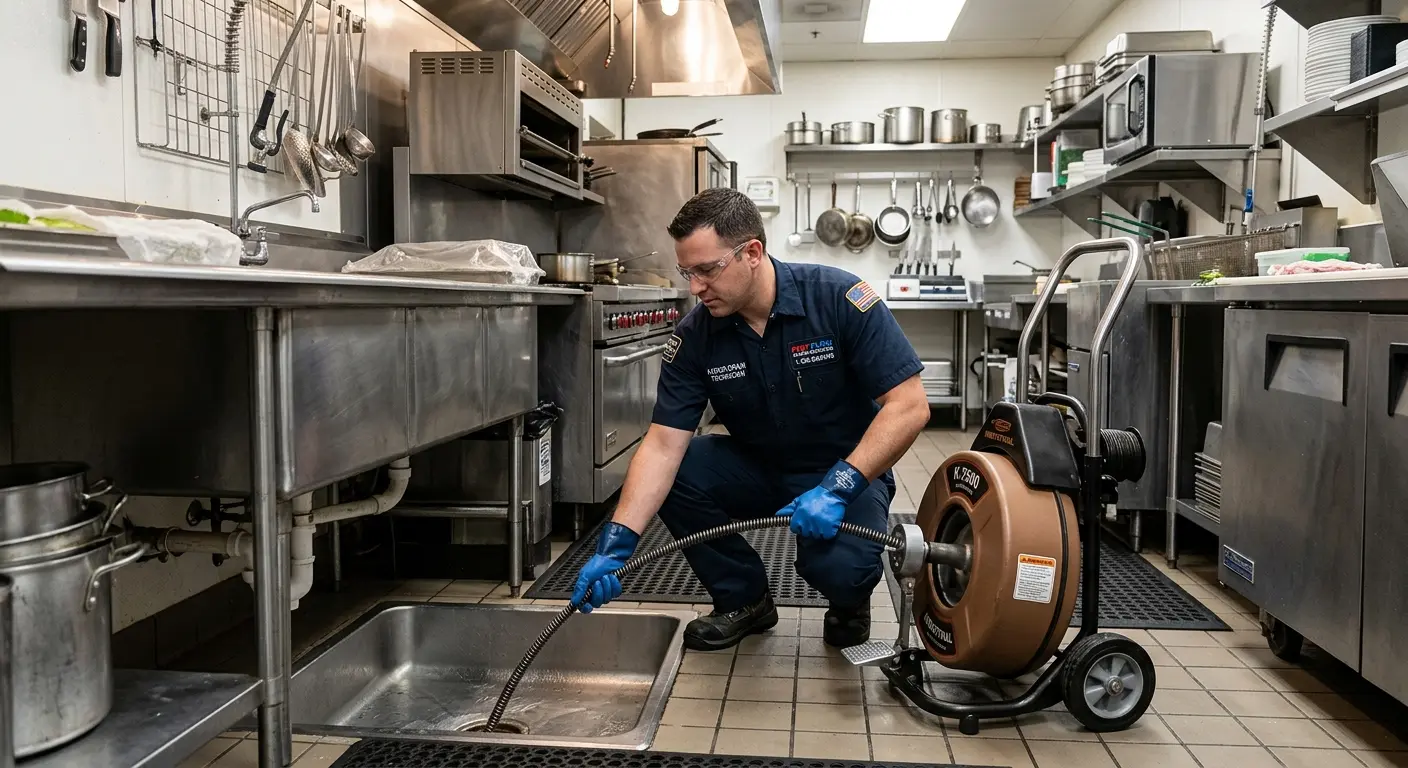 Commercial drain cleaning service in a restaurant kitchen in Atherton