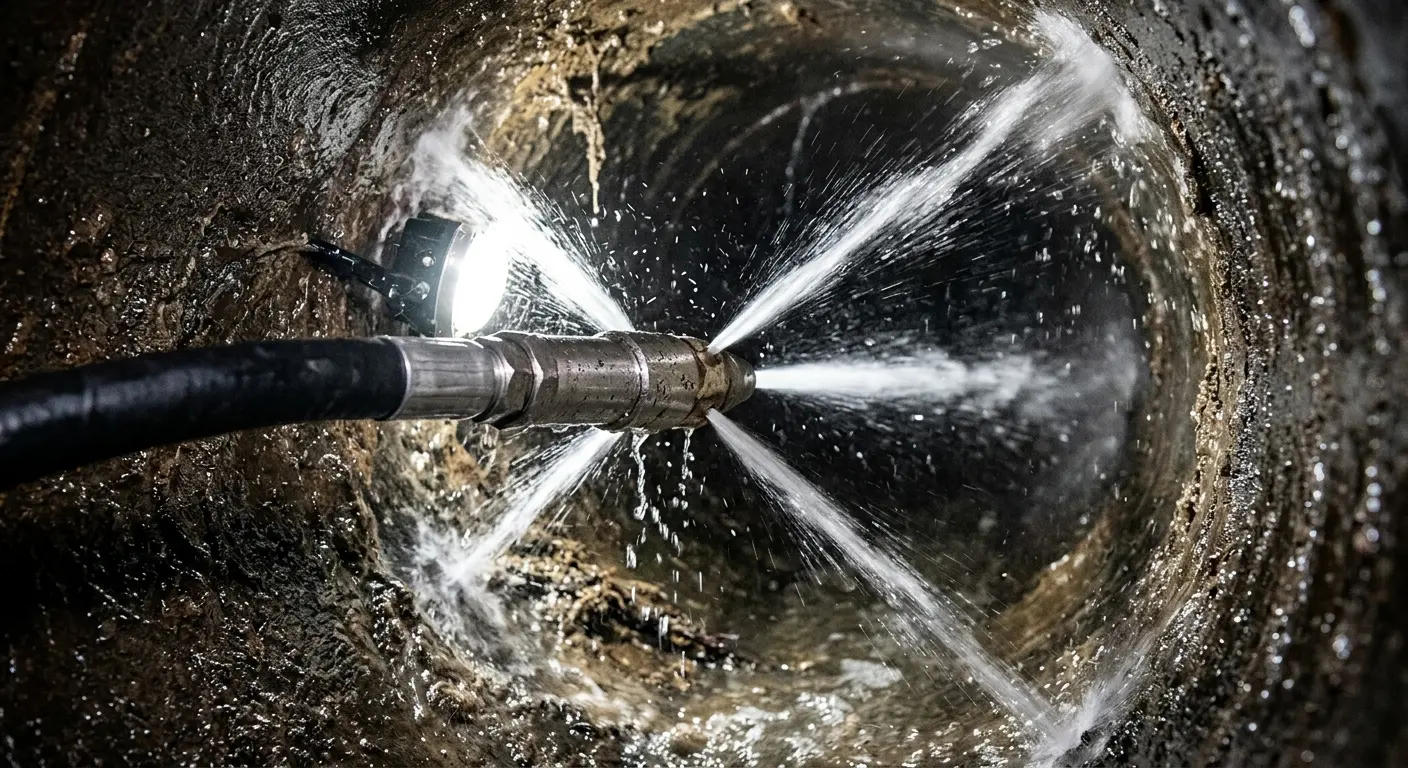 High-pressure hydro jetting nozzle cleaning sewer pipe for Sewer Cleanout in Atherton