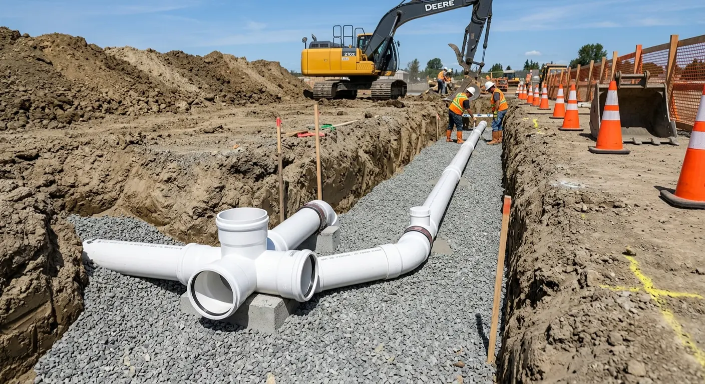 New PVC sewer pipe installation in open trench for Sewer Backup in Atherton