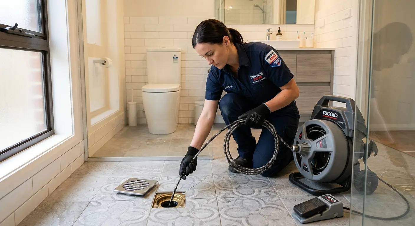 Technician clearing a bathroom floor drain for Drain Cleaning in Atherton